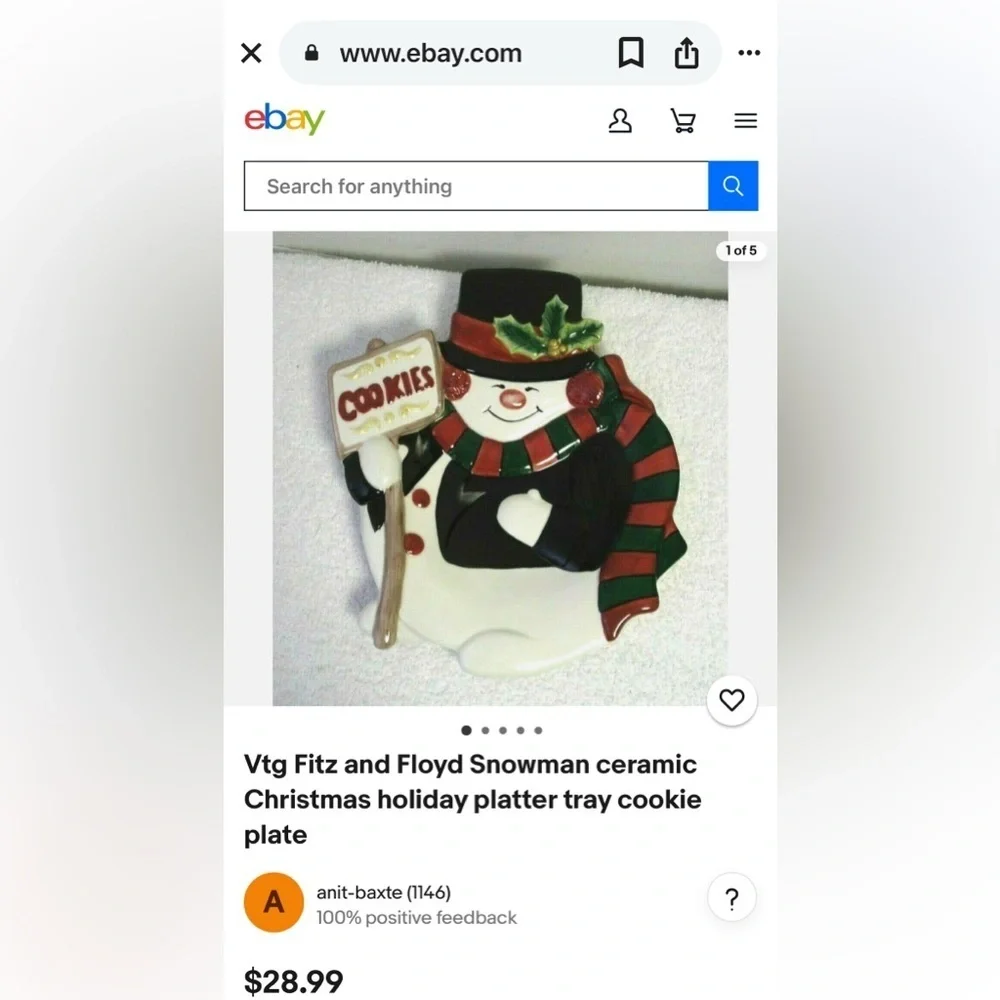 Fitz and Floyd Festive Snowman with Holly Canapé Plate Red/Green/Black EUC